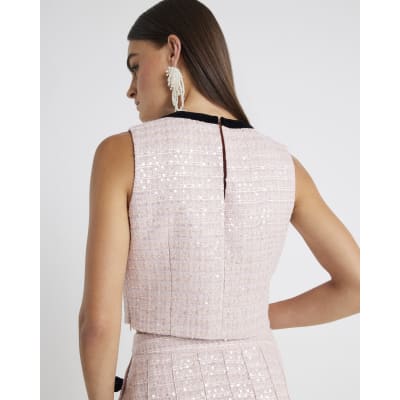 Pink Boucle Sleeveless Bow Front Top
