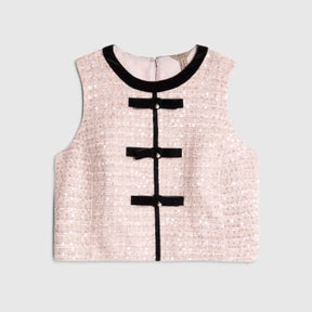 Pink Boucle Sleeveless Bow Front Top