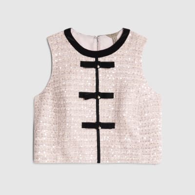 Pink Boucle Sleeveless Bow Front Top