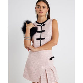 Pink Boucle Sleeveless Bow Front Top