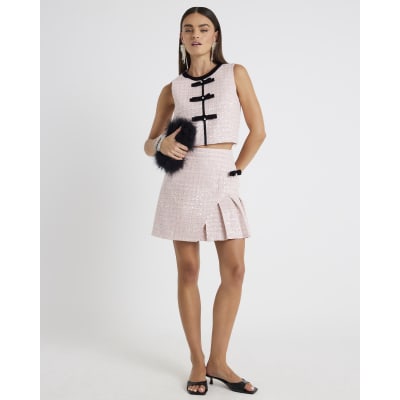 Pink Boucle Sleeveless Bow Front Top