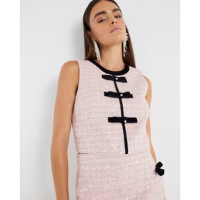Pink Boucle Sleeveless Bow Front Top