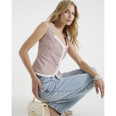 Pink Boucle Sleeveless Frill Trim Waistcoat