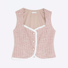 Pink Boucle Sleeveless Frill Trim Waistcoat
