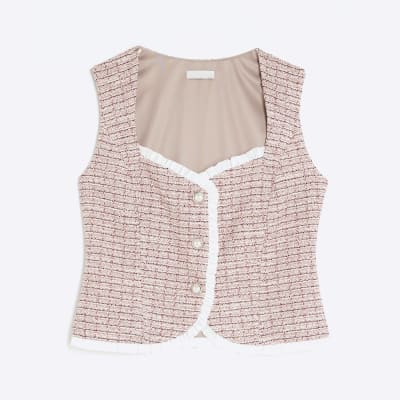 Pink Boucle Sleeveless Frill Trim Waistcoat