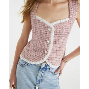 Pink Boucle Sleeveless Frill Trim Waistcoat