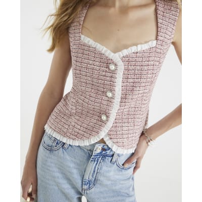 Pink Boucle Sleeveless Frill Trim Waistcoat