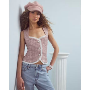 Pink Boucle Sleeveless Frill Trim Waistcoat