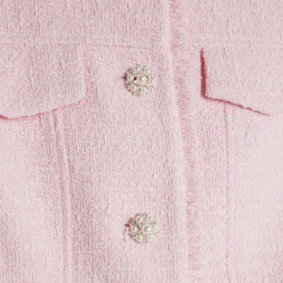 Pink Boucle Sleeveless Fringed Waistcoat