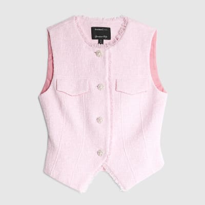 Pink Boucle Sleeveless Fringed Waistcoat