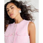 Pink Boucle Sleeveless Fringed Waistcoat