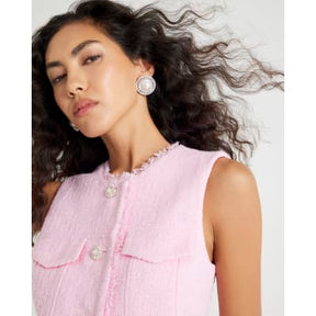 Pink Boucle Sleeveless Fringed Waistcoat