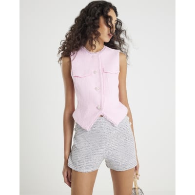 Pink Boucle Sleeveless Fringed Waistcoat