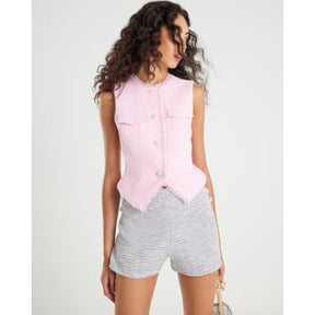 Pink Boucle Sleeveless Fringed Waistcoat