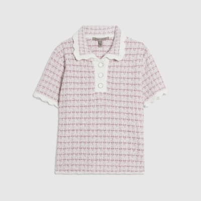 Pink Button Up Boucle Collared Top