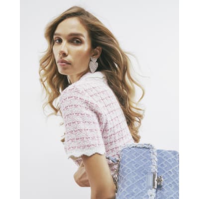 Pink Button Up Boucle Collared Top