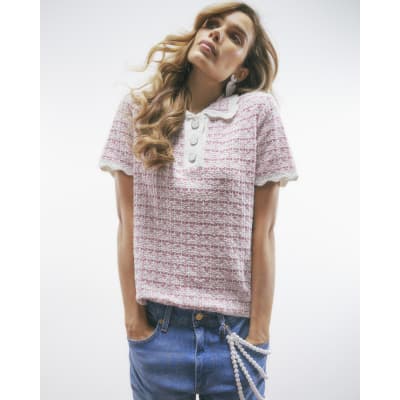 Pink Button Up Boucle Collared Top
