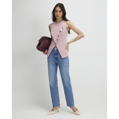 Pink Collarless Asymmetric Waistcoat
