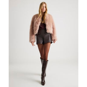 Pink Collarless Faux Fur Coat