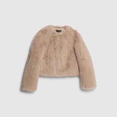 Pink Collarless Faux Fur Coat