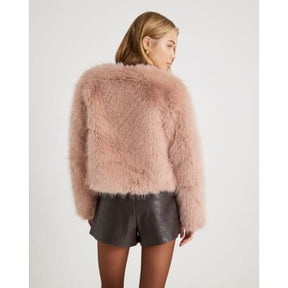 Pink Collarless Faux Fur Coat
