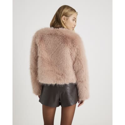 Pink Collarless Faux Fur Coat