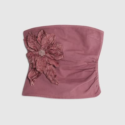 Pink Denim Sleeveless Flower Bandeau Top