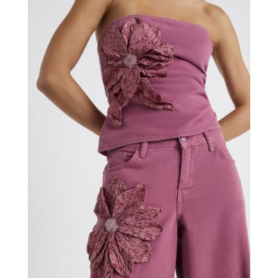 Pink Denim Sleeveless Flower Bandeau Top