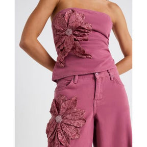 Pink Denim Sleeveless Flower Bandeau Top