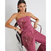 Pink Denim Sleeveless Flower Bandeau Top