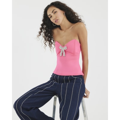 Pink Diamante Bow Bandeau Top