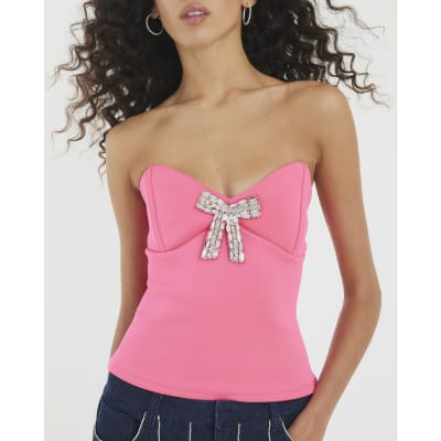 Pink Diamante Bow Bandeau Top