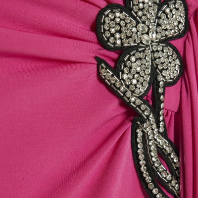 Pink Drape Floral Trimmed Midi Dress