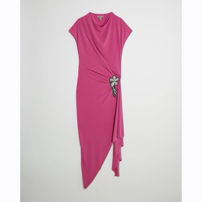 Pink Drape Floral Trimmed Midi Dress