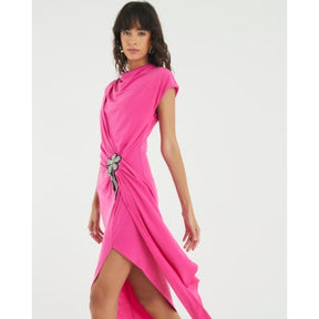 Pink Drape Floral Trimmed Midi Dress