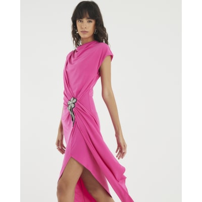 Pink Drape Floral Trimmed Midi Dress