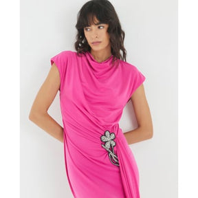 Pink Drape Floral Trimmed Midi Dress