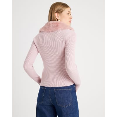 Pink Faux Fur Trim Cardigan Cami Set