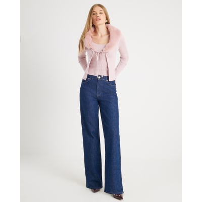 Pink Faux Fur Trim Cardigan Cami Set