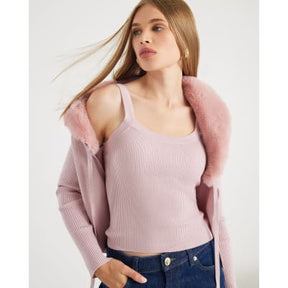 Pink Faux Fur Trim Cardigan Cami Set