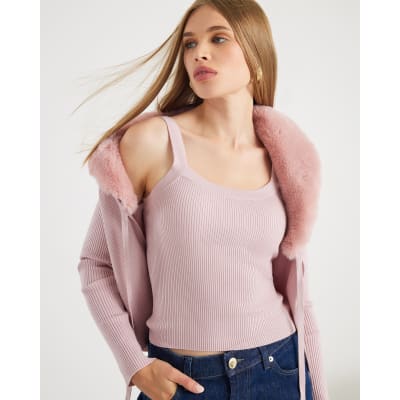 Pink Faux Fur Trim Cardigan Cami Set