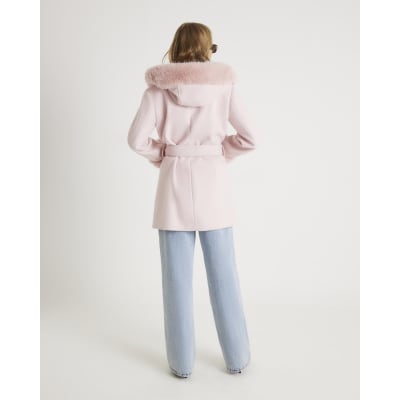 Pink Faux Fur Trim Hooded Coat
