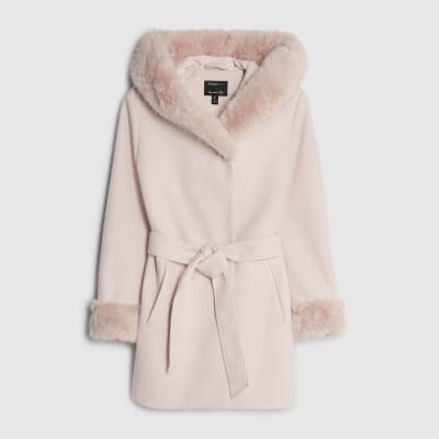 Pink Faux Fur Trim Hooded Coat