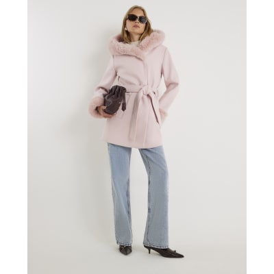 Pink Faux Fur Trim Hooded Coat