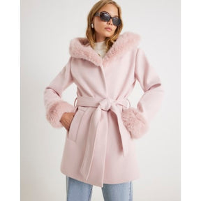 Pink Faux Fur Trim Hooded Coat