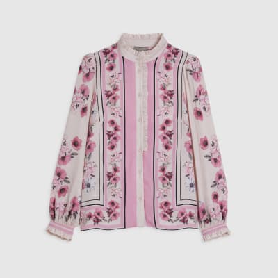 Pink Floral Half Placket Blouse