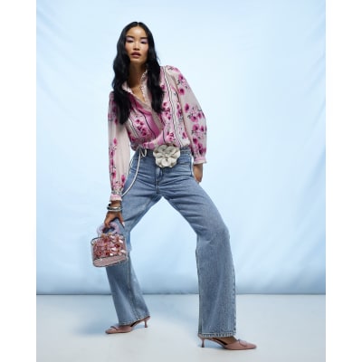 Pink Floral Half Placket Blouse