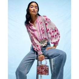 Pink Floral Half Placket Blouse