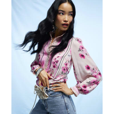 Pink Floral Half Placket Blouse