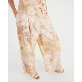 Pink Floral Linen Blend Wide Leg Trousers